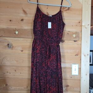 Leopard Print Pleated Red and Black Midi Dress